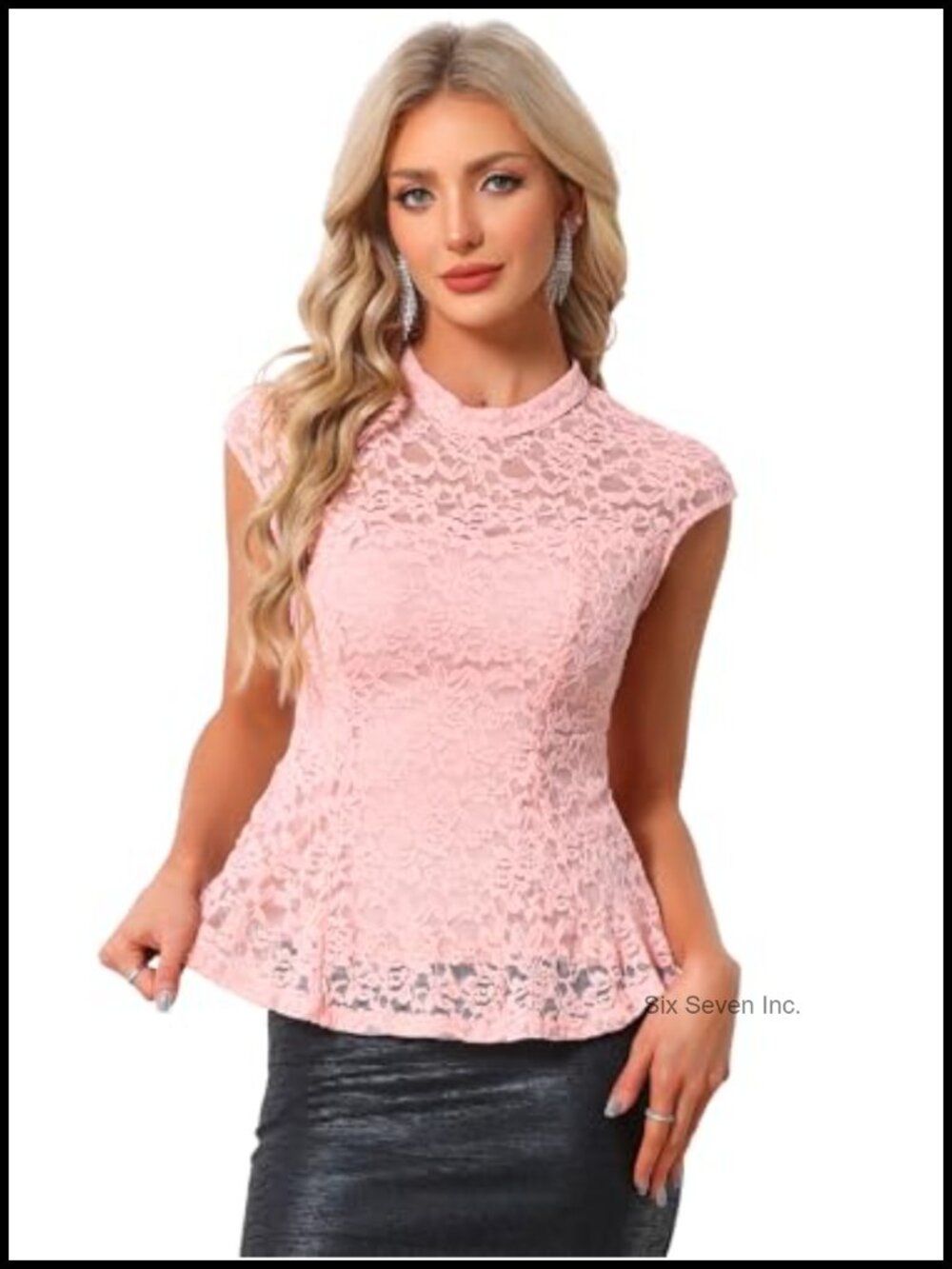 Peplum Blouse Crochet Floral Lace Mock Neck Cap Sleeve Top